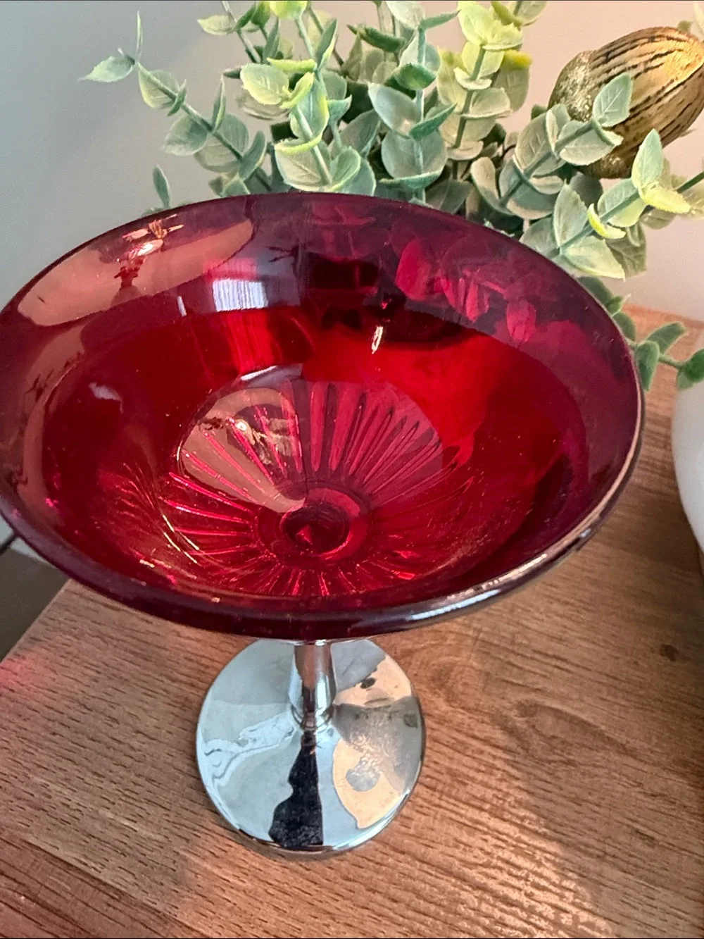 Vintage Ruby Red Glass Compote/ martini glass on removable Silver Stem